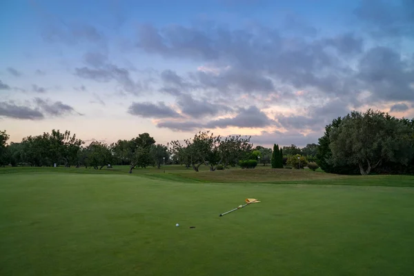 Μπάλα του γκολφ σε μπλε πράσινο fairway θολό καλοκαιρινό ουρανό με το backgro — Φωτογραφία Αρχείου