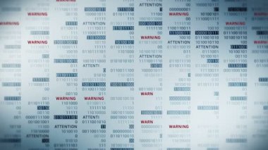 İkili sayı içeren uyarı ve Dikkat iletisi. Dijital teknoloji döngüsü animasyonu ile çevrimiçi ağ. Bilgisayar ağı hata kavramı.