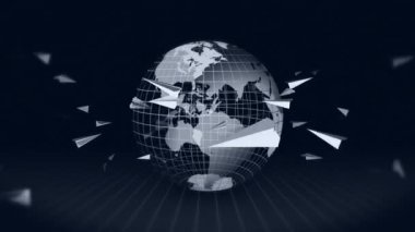 İnternet posta sembolü. Dünyanın etrafında uçuşan beyaz kağıt uçağın animasyonu. El yapımı origami. Küresel iş iletişimi. İş aracı.