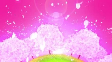 Tepede çiçek açan kiraz ağaçları. Kiraz çiçeği çemberi. Geleneksel Japon tarzı sakura manzarası. Döngü canlandırması.