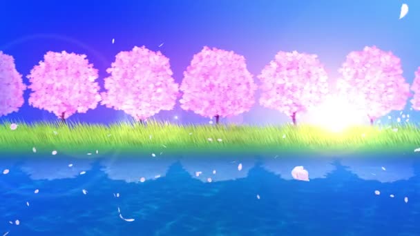 Pleine floraison de cerisiers près du lac. Paysage traditionnel sakura de beau style d'élégance japonaise. Animation en boucle .