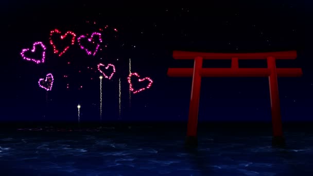 Portes Torii Rouges Japon Des Feux Artifice Colorés Illuminent Ciel — Video