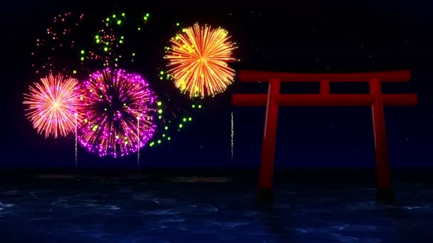 Κόκκινες Πύλες Torii Στην Ιαπωνία Πολύχρωμα Πυροτεχνήματα Φωτίζουν Τον Ουρανό — Αρχείο Βίντεο