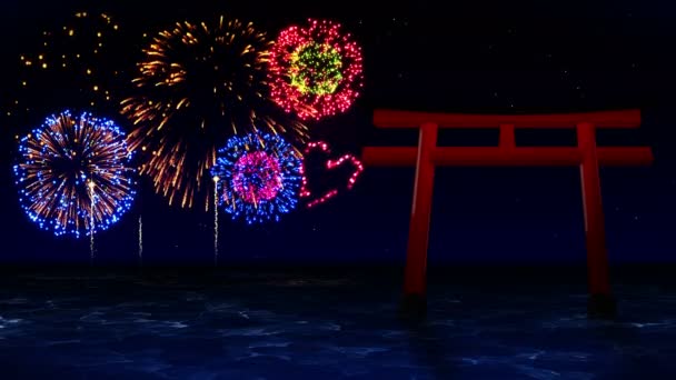Красные Ворота Тори Японии Красочные Фейерверки Освещают Небо Вид Фестиваля — стоковое видео