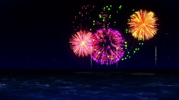 Beauty Fireworks Reflect Lake Water Colorful Fireworks Light Sky View — Stock Video