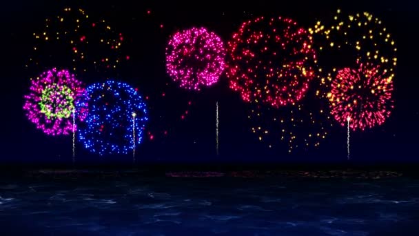 Tűzijáték Szépsége Visszaverődik Vizére Színes Tűzijáték Világítja Meg Eget Tűzijáték — Stock videók