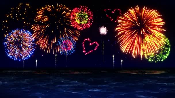 Beauty Fireworks Reflect Lake Water Colorful Fireworks Light Sky View — Stock Video