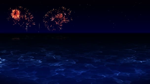 Schoonheid Van Het Vuurwerk Reflecteert Meerwater Kleurrijk Vuurwerk Doet Hemel — Stockvideo
