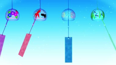 Rüzgar çanı eşliğinde geleneksel Japon yaz manzarası. Renkli rüzgar çanı. Döngü canlandırması.