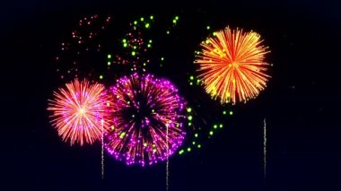 Gökyüzünü renkli havai fişekler aydınlatıyor. Havai fişek festivali manzarası. Cg döngü canlandırması.