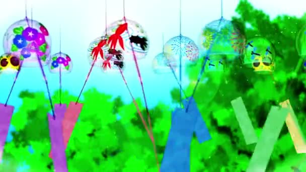風鈴のある日本の伝統的な夏の風景 カラフルな風鈴 ループアニメーション — ストック動画