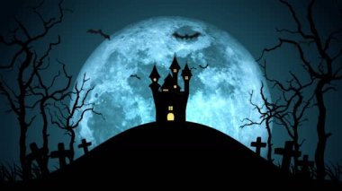 Cadılar Bayramı mezarlığı manzarası silueti. Ürkütücü cadılar bayramı gecesi. Lanetli kale ve dolunay. Döngü canlandırması.