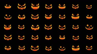 Çeşitli ifadelerle Cadılar Bayramı balkabağı silueti. Cadılar Bayramı partisinin arka planında ürkütücü ve neşeli balkabakları var. Döngü canlandırması.