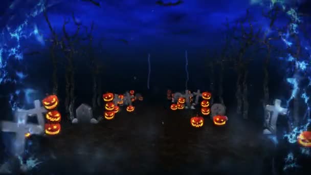 Spookachtige Halloween Dondernacht Begraafplaats Weg Met Pompoenen Dood Boombos Landschap — Stockvideo