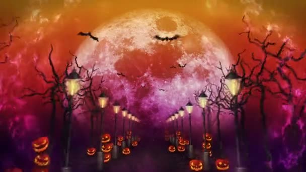 Halloween Noční Krajina Měsícem Dýně Pouliční Osvětlení Mystická Cesta Měsíčním — Stock video