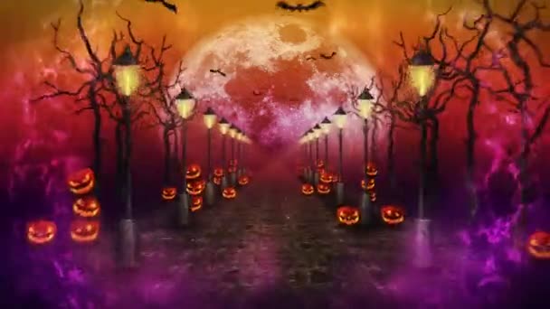 Paisaje Nocturno Halloween Con Luna Calabazas Farolas Camino Místico Luz — Vídeo de stock