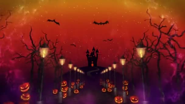 Misteriosa Notte Halloween Strada Forestale Castello Zucche Lampioni Loop Tema — Video Stock