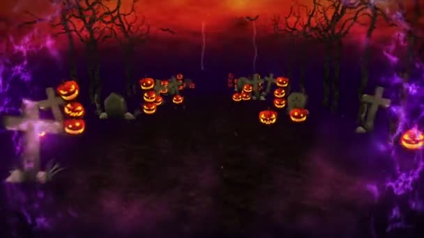 Noche Truenos Halloween Espeluznante Calle Del Cementerio Con Calabazas Paisaje — Vídeo de stock
