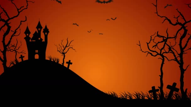 Halloween Silhueta Paisagem Cemitério Noite Halloween Assustadora Montanha Assombrada Castelo — Vídeo de Stock