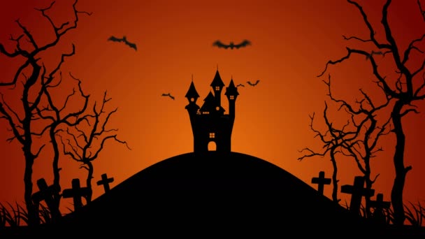 Halloween Begraafplaats Landschap Silhouet Spookachtige Halloween Avond Achtervolgd Heuvel Kasteel — Stockvideo