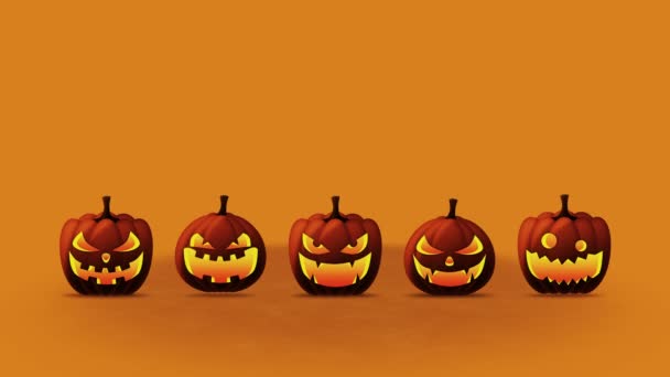 Cadılar Bayramı Balkabağı Kafalı Jack Lantern Çeşitli Ifadelerle Turuncu Balkabağı — Stok video