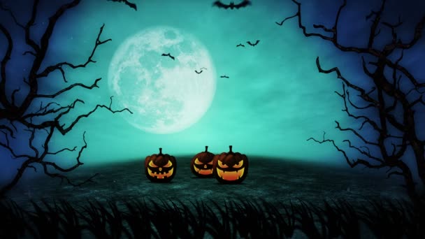 不気味なハロウィンの夜の荒れ地 月明かりの下で神秘的なカボチャ 黙示録的なハロウィーンの風景 ループアニメーション — ストック動画