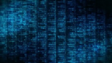 İkili kod koyu mavi arkaplan. İnternet çevrimiçi dijital teknoloji döngüsü animasyonu. Sıfır ve bir numara. Bilgisayar ağı.