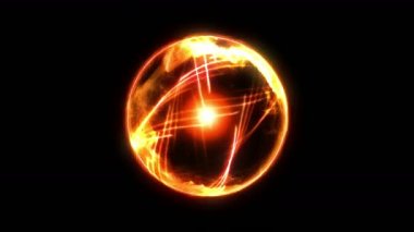 Siyah arka planda alevler olan plazma ateş topu. Güzel ışık. Küre şeklinde parıldayan çizgiler. Cg döngü canlandırması.