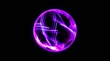 Siyah arka planda alevler olan plazma ateş topu. Güzel ışık. Küre şeklinde parıldayan çizgiler. Cg döngü canlandırması.