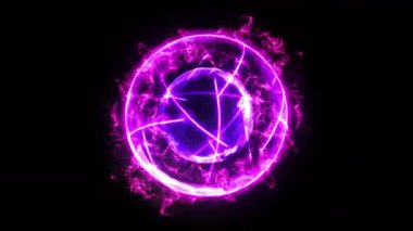 Siyah arka planda alevler olan plazma ateş topu. Güzel ışık. Küre şeklinde parıldayan çizgiler. Cg döngü canlandırması.