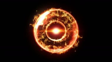 Siyah arka planda alevler olan plazma ateş topu. Güzel ışık. Küre şeklinde parıldayan çizgiler. Cg döngü canlandırması.