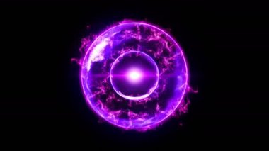 Siyah arka planda alevler olan plazma ateş topu. Güzel ışık. Küre şeklinde parıldayan çizgiler. Cg döngü canlandırması.