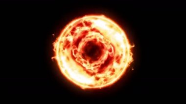 Siyah arka planda alevler olan plazma ateş topu. Güzel ışık. Küre şeklinde parıldayan çizgiler. Cg döngü canlandırması.