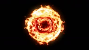 Siyah arka planda alevler olan plazma ateş topu. Güzel ışık. Küre şeklinde parıldayan çizgiler. Cg döngü canlandırması.