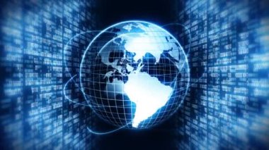 Çift haneli rakamların arka planına sahip bir gezegen. Küresel dünyanın etrafında ikili sayılar. Teknolojik döngü animasyonu. Sıfır ve bir numara.