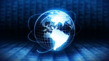 Çift haneli rakamların arka planına sahip bir gezegen. Küresel dünyanın etrafında ikili sayılar. Teknolojik döngü animasyonu. Sıfır ve bir numara.