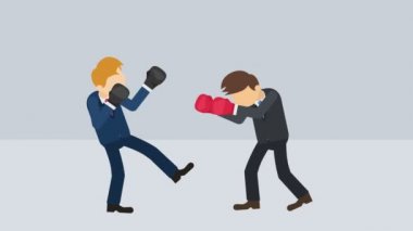 İş adamı savaşı boks eldiveni giyiyor. Dövüşmek. İş yarışması konsepti. Canlandırmayı düz biçimde döndür.