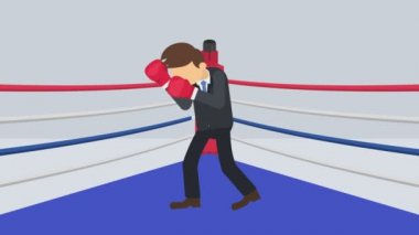 İş fırsatı ve başarı kavramı. Boks ringinde dövüşmek. Boks eldiveni giyen bir iş adamı. Antrenman maçı. Döngü canlandırması.