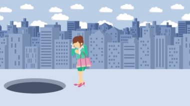 İş kadını yürüyor. Büyük şehrin deliğinden atla. Metropolis. Binalar. Kapana kısıldık. İş konsepti. Döngü canlandırması.