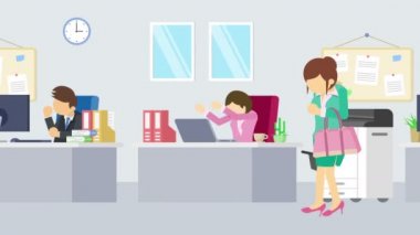 Ofiste yürüyen bir iş kadını. İş iletişimi kavramı. İş ekibi çalışıyor. Düz Döngü Canlandırması.