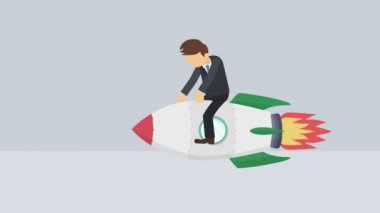 Soyut gri arka planda roketle uçan mutlu iş adamı. Girişim, sıçrama ve girişimcilik konsepti. Döngü canlandırma biçimi.