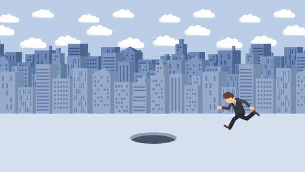 Businessman Walking Jump Hole Big City Metropolis Buildings Get Caught — Stock Video