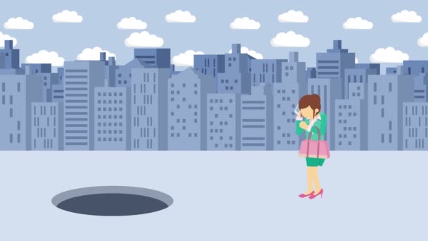 Businesswoman Walking Fall Hole Big City Metropolis Buildings Get Caught — Stock Video