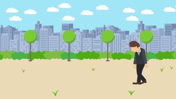 商人在走路 掉进现代城市公园的洞里 菲尔德 天际线大楼 被夹在陷阱里 商业概念 循环动画 — 图库视频影像