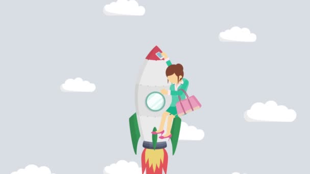 Soyut Gri Arka Planda Roketle Uçan Mutlu Kadını Girişim Sıçrama — Stok video
