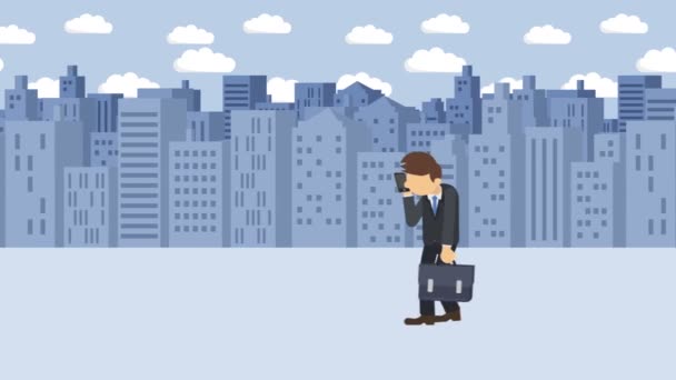 商人在走路 掉进大城市的洞里 大都市 建筑物 被夹在陷阱里 商业概念 循环动画 — 图库视频影像