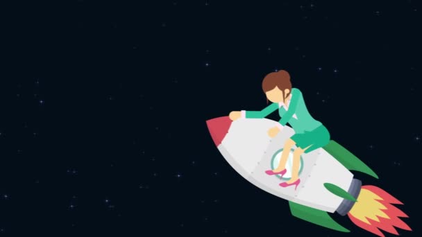 Feliz Mujer Negocios Volando Cohete Través Del Espacio Concepto Creación — Vídeo de stock