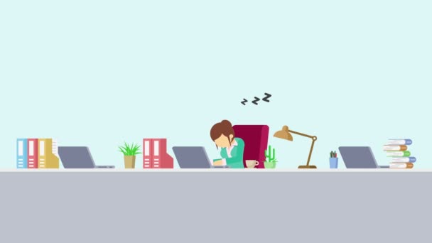 Empresaria Trabajando Oficina Cansado Dormido Animación Dibujos Animados Para Concepto — Vídeo de stock