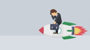 Soyut gri arka planda roketle uçan mutlu iş adamı. Girişim, sıçrama ve girişimcilik konsepti. Döngü canlandırma biçimi.