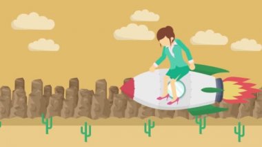 Karanlığın içinde roketle uçan mutlu iş kadını. Girişim, sıçrama ve girişimcilik konsepti. Döngü canlandırma biçimi.